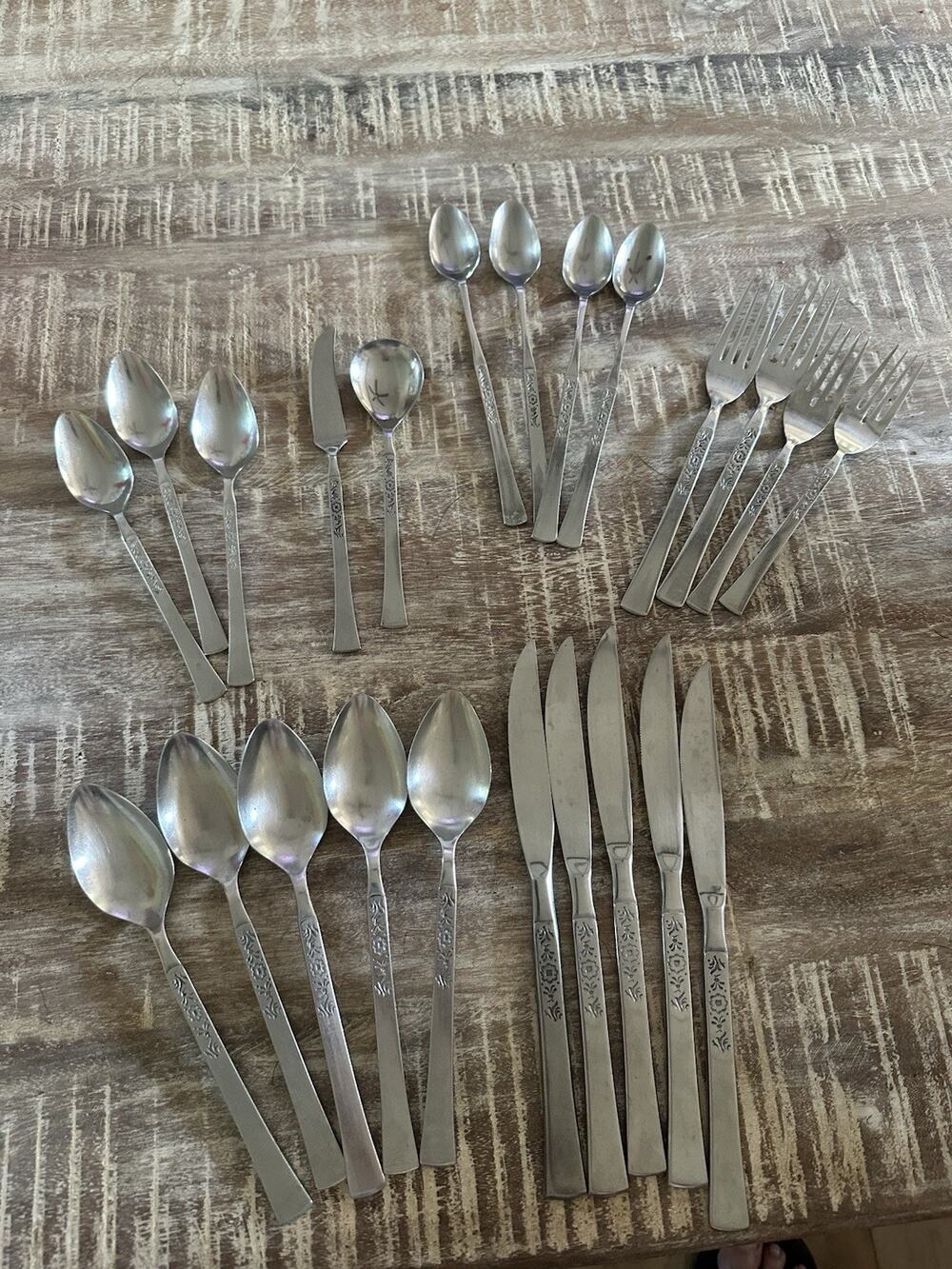 23Pc vtg Ekco Eterna Cantina Floral Pattern Stainless Flatware Set Spoon Fork